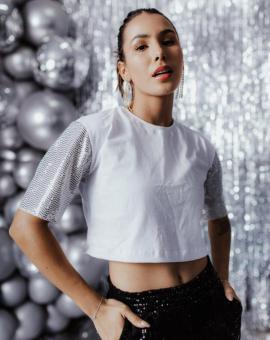 Cropped Feminina Manga Paetê Branco