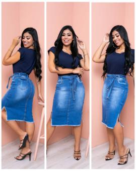 Saia Jeans Midi Evangélica Barra Desfiada com Cinto