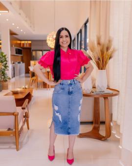 Saia Jeans Midi Evangélica com Destroyed Desfiada