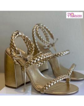 Sandália Salto Grosso Dourada Trançada