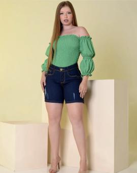 Short Jeans Feminino Meia Coxa Cintura Alta