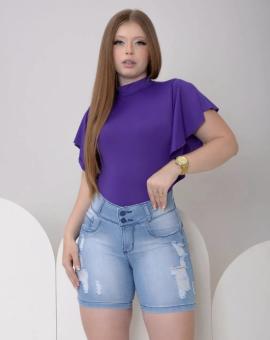 Short Jeans Feminino Meia Coxa Cós Largo