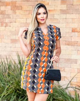 Vestido Curto com Manga Estampado Decote V