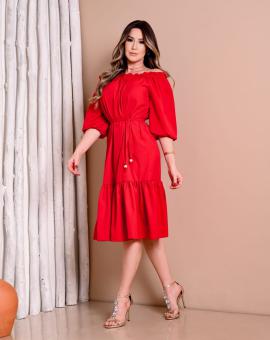Vestido Midi Vermelho Manga Bufante