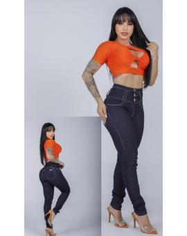 Calça Jeans Feminina Cós Largo com 3 Botões
