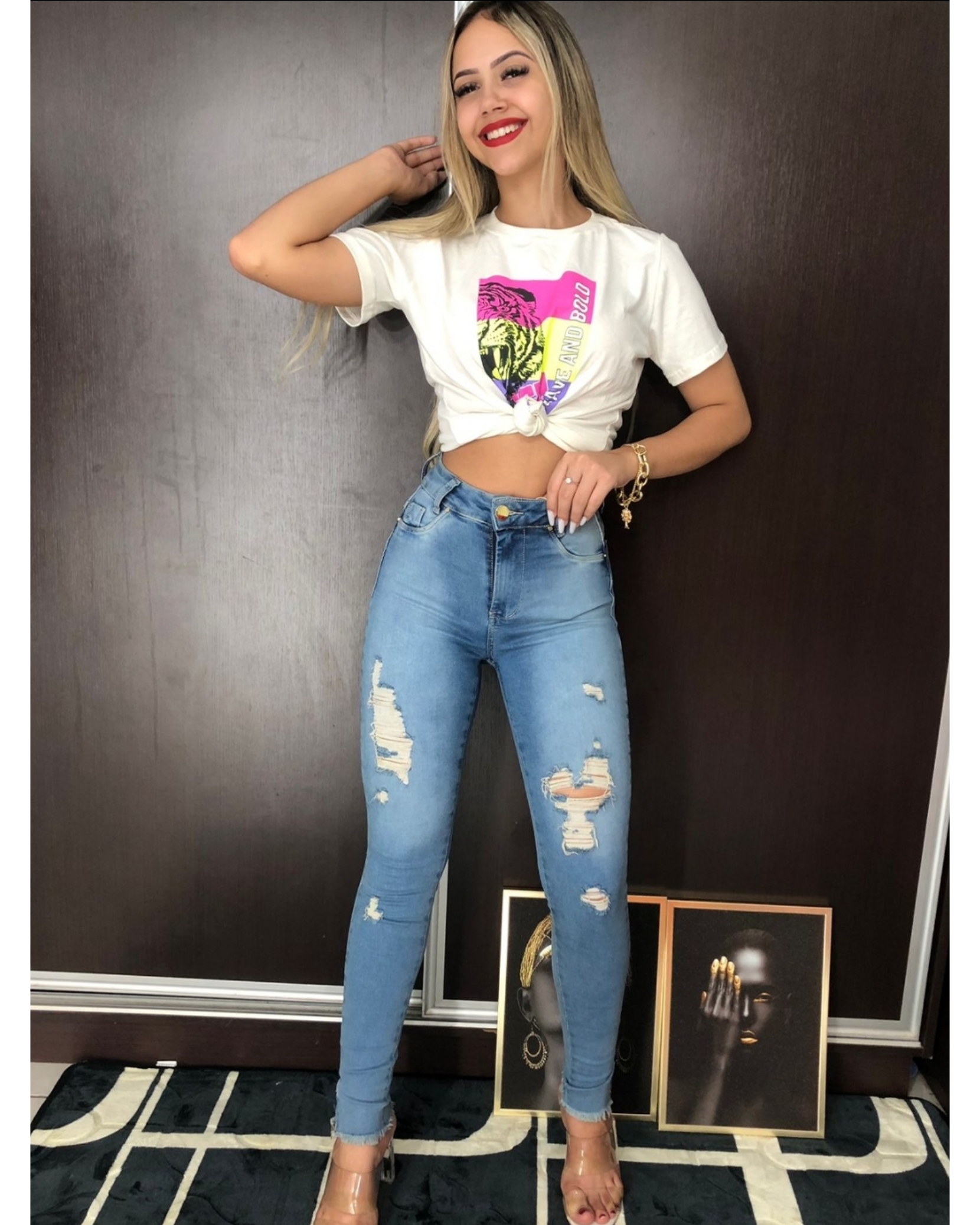 Calça Jeans Feminina Skinny Cós Alto com Destroyed - Atacado Goiânia.