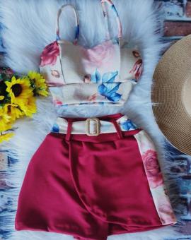 Conjunto Cropped e Short Cintura Alta Estampado