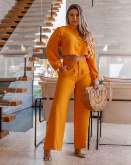 Conjunto Feminino Calça Pantalona e Cropped Camisa