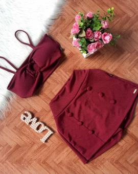 Conjunto Feminino Crepe de Malha Short Saia e Cropped