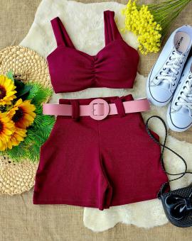 Conjunto Feminino Short com Cinto e Cropped no Crepe de Malha