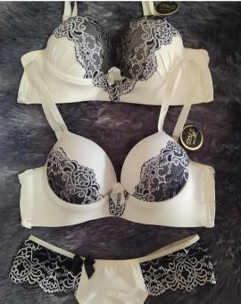 Conjunto Lingerie Bicolor com Bojo e Renda Alça Regulável
