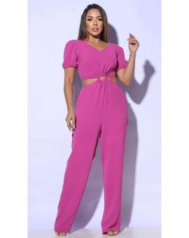 Macacão Longo Elegante Manga Bufante Vazado na Cintura