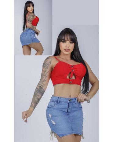 Saia Curta Jeans Collection Barra Desfiada Planet Girls - Planet Girls