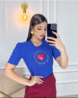 T-Shirt Feminina Luxo Manga Bufante com Bordado