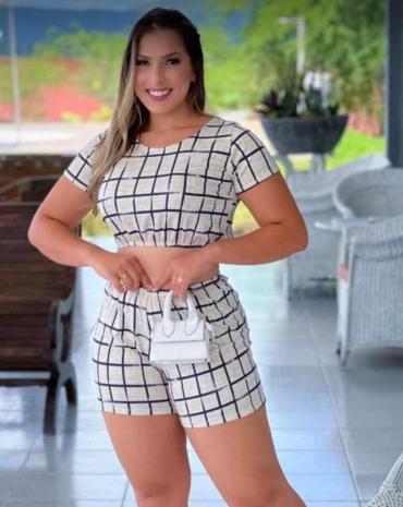 Conjunto Feminino Short e Cropped de Manguinha Xadrez - Atacado 44.