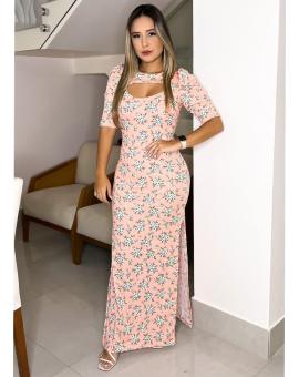 Vestido Longo Canelado Manga Princesa com Fenda Estampado
