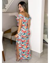 Vestido Longo Ombro a Ombro Canelado com Fenda Estampado Atacado na Rua 44 em Goiânia