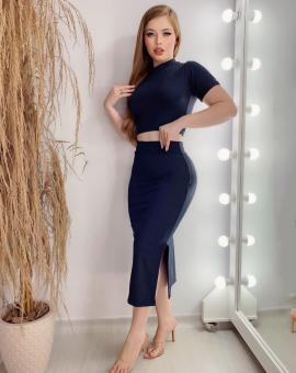 Conjunto Canelado Saia Midi e Cropped Gola Alta