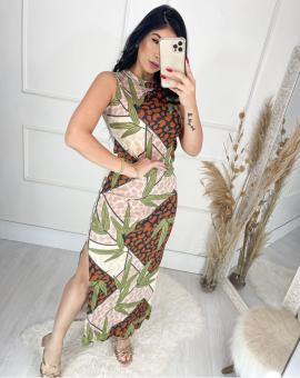 Vestido Canelado Longo Estampado com Fenda Lateral