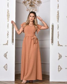 Vestido Evangélico Longo de Manguinha com Laço na Cintura