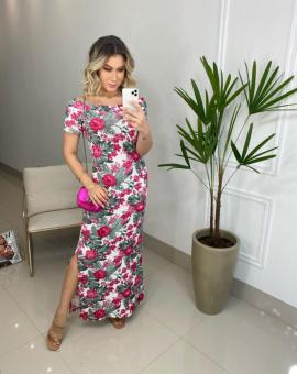 Vestido Longo Canelado Estampado de Manguinha