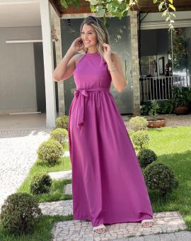 Vestido Longo Simples com Laço na Cintura