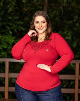 Blusa Plus Size Manga Longa Viscolycra com Aplicação