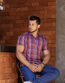 Camisa Masculina Xadrez Vermelha Manga Curta