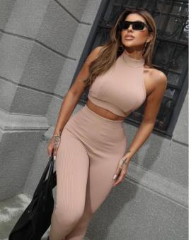 Conjunto Canelado Calça e Crooped Gola Alta