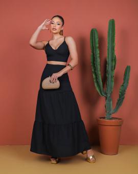 Conjunto Feminino Preto Elegante Saia Longa e Cropped
