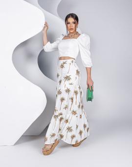 Conjunto Saia Longa e Cropped Branco Estampado