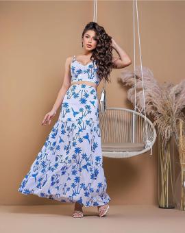 Conjunto Saia Longa Estampada e Cropped de Alcinha