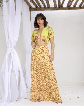 Conjunto Saia Longa Estampada e Cropped de Amarrar