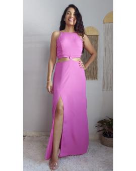 Vestido Longo Vazado na Cintura com Fenda Lateral
