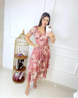 Vestido Midi Tule Estampado Manga Princesa