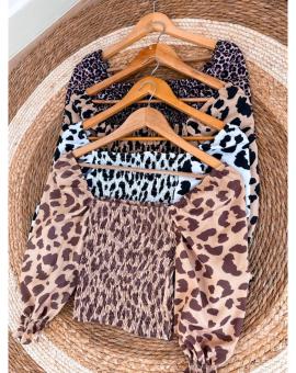 Cropped Lastex Manga Longa Bufante Animal Print