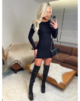 Vestido Canelado Curto Manga Longa Preto