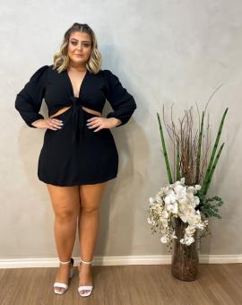 Vestido Plus Size Curto Manga Longa Preto