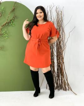Vestido Plus Size Manga Curta Soltinho com Cinto Faixa