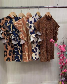 Blusa Feminina Animal Print com Babado na Manga