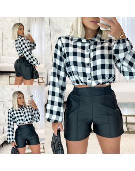 Camisa Cropped Xadrez Manga Longa com Botões