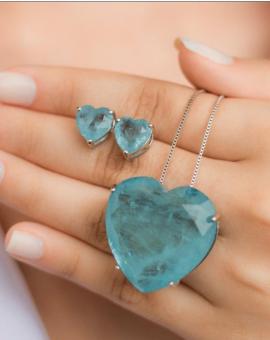 Conjunto Colar e Brinco de Coração Ródio Branco