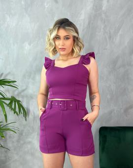 Conjunto Feminino Short e Cropped com Cinto Alfaiataria