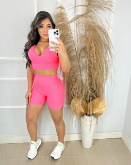 Conjunto Fitness Short Cintura Alta e Top Canelado Cannes
