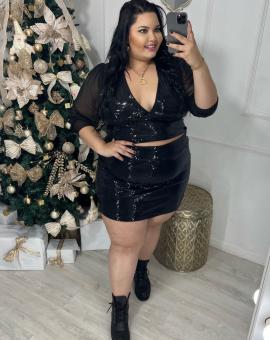 Conjunto Paetê Plus Size Saia e Cropped