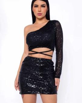 Conjunto Paetê Preto Cropped e Saia