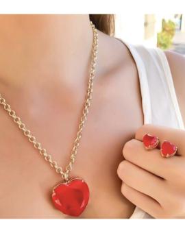 Kit Colar e Brinco Dourado Pedra Vermelha