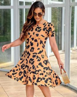 Vestido Midi Soltinho Manga Curta Animal Print