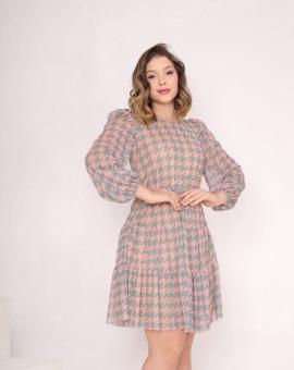 Vestido Tule Estampado Rodado Manga Longa Bufante