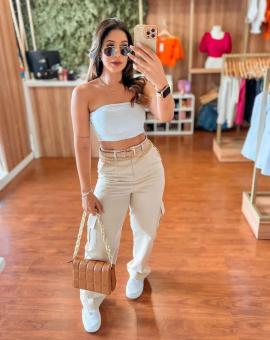 Calça Wide Leg Cargo Bege